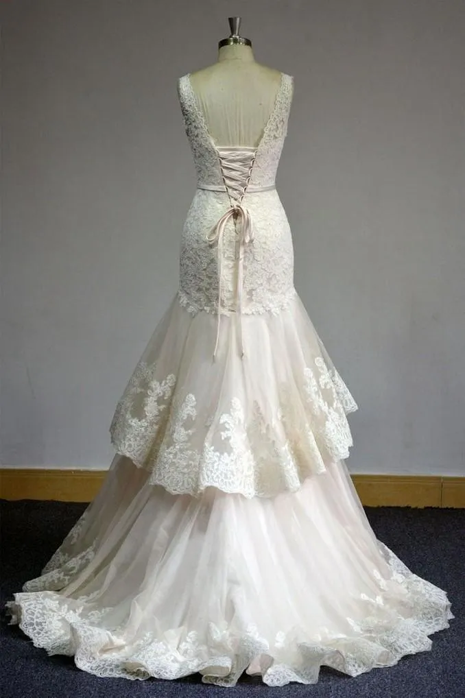 Lace V-neckline Wedding Dress with Two Layers Tulle Skirt