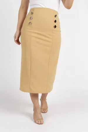 Ladies Button Detail Pencil Skirt - Stone