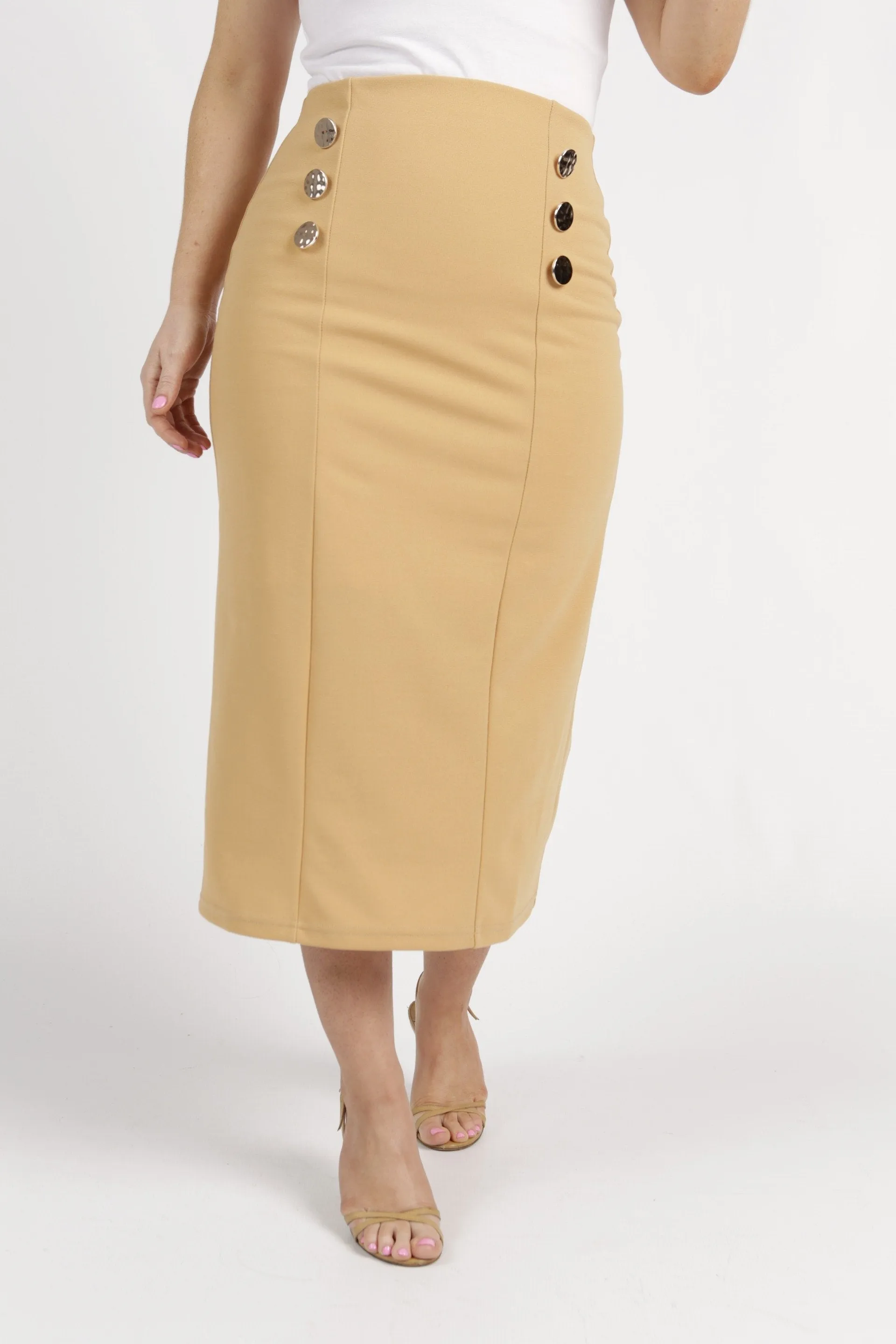 Ladies Button Detail Pencil Skirt - Stone