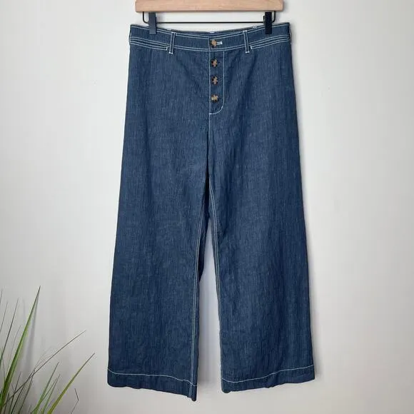 Lafayette 148 NY Retro Blue SZ 8 Pants High-Rise Wide-Leg Ankle Button-Fly Denim