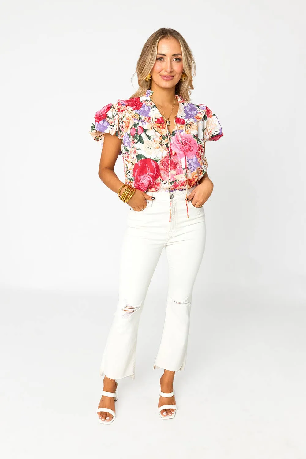 Leeland Love Story Pink Floral Ruffle Sleeve Top: S