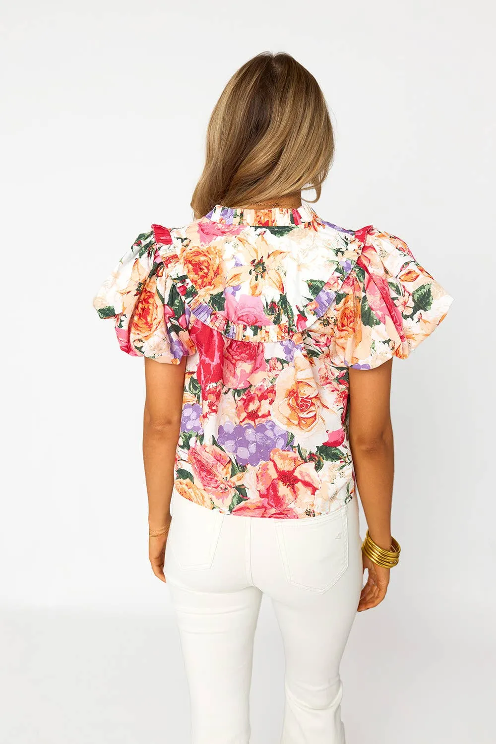 Leeland Love Story Pink Floral Ruffle Sleeve Top: S