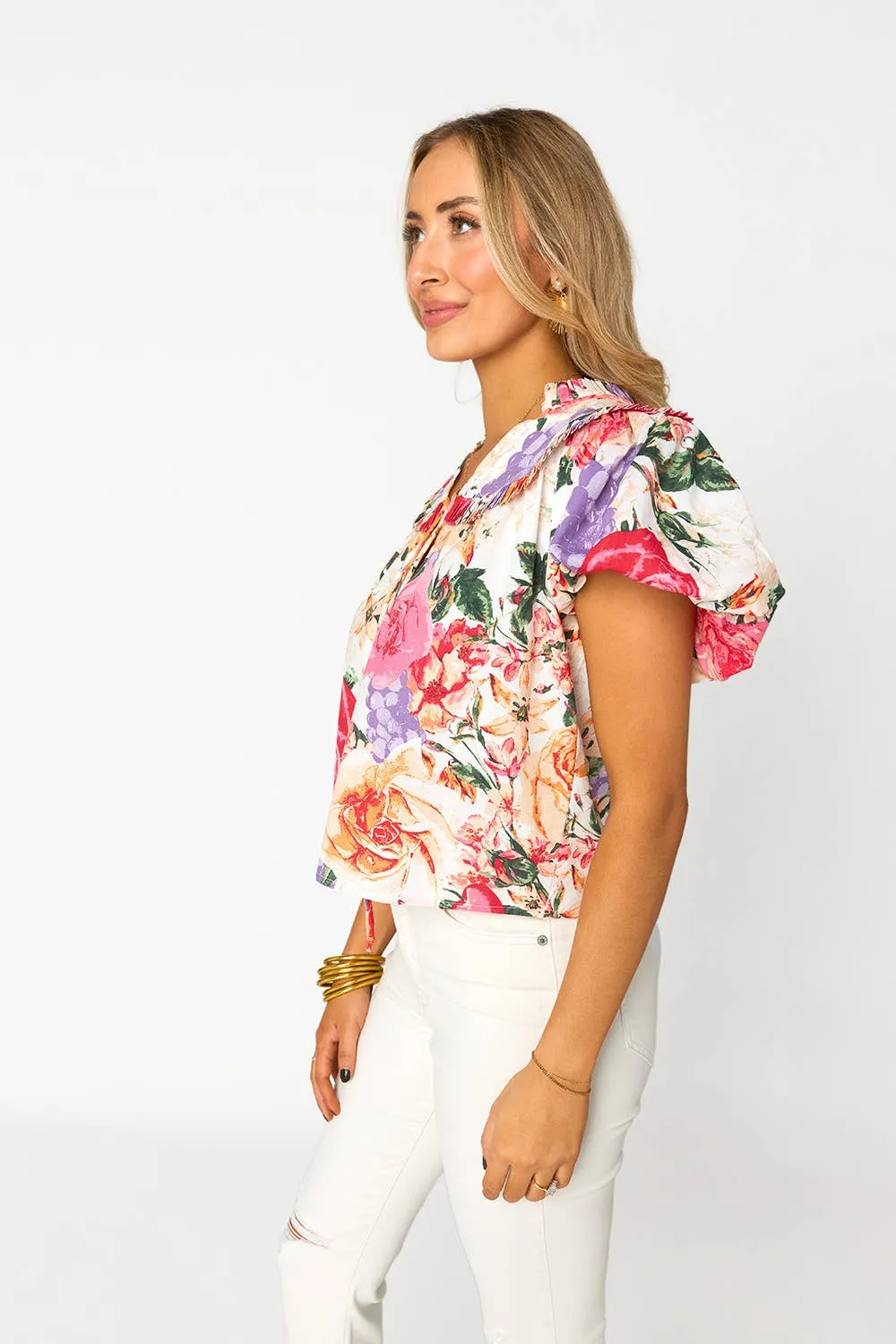 Leeland Love Story Pink Floral Ruffle Sleeve Top: S
