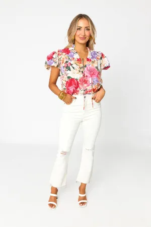 Leeland Love Story Pink Floral Ruffle Sleeve Top: S