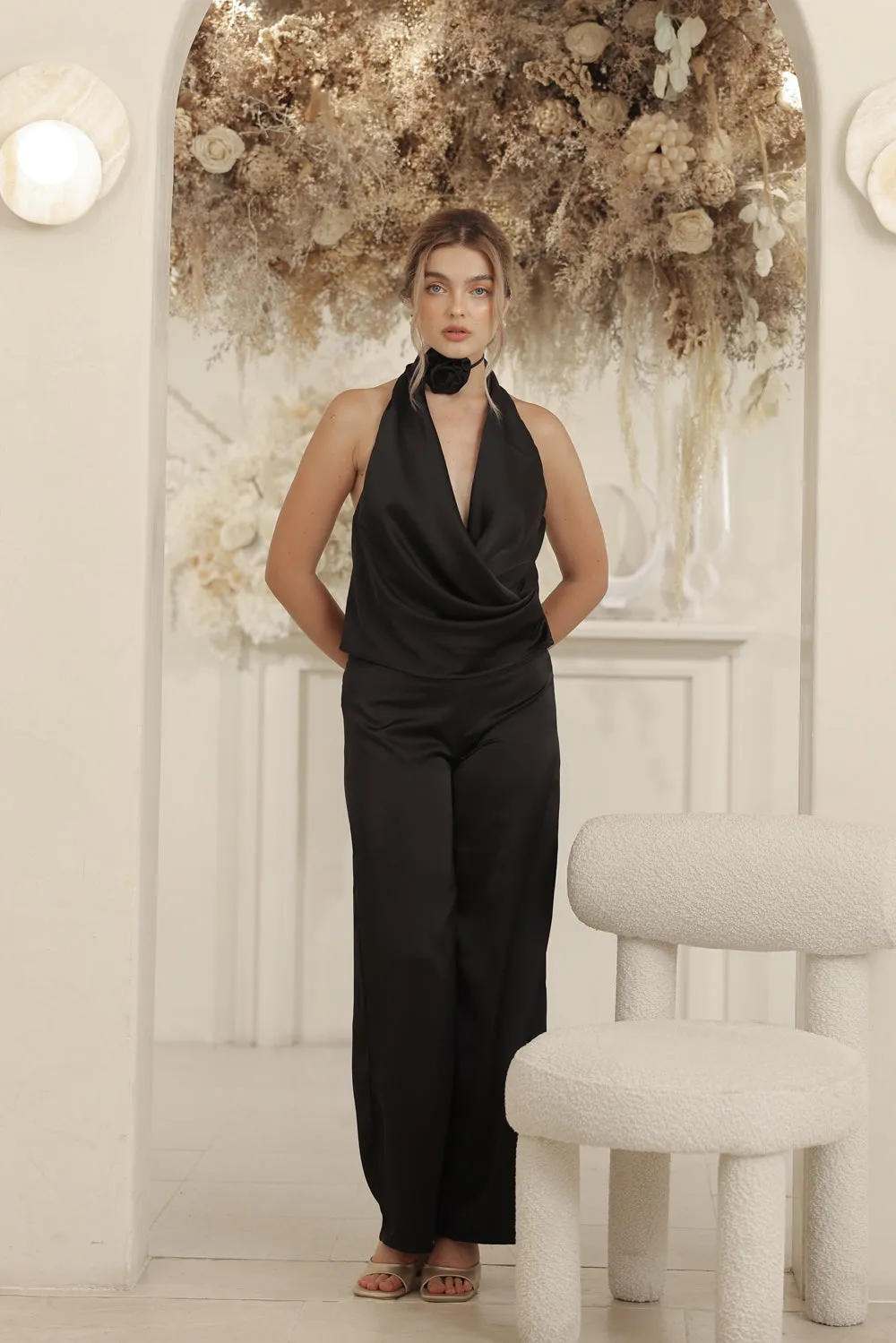LEONIE TOP V Wrap Top with Detachable Floral Neckpiece (Black Silk Crepe)