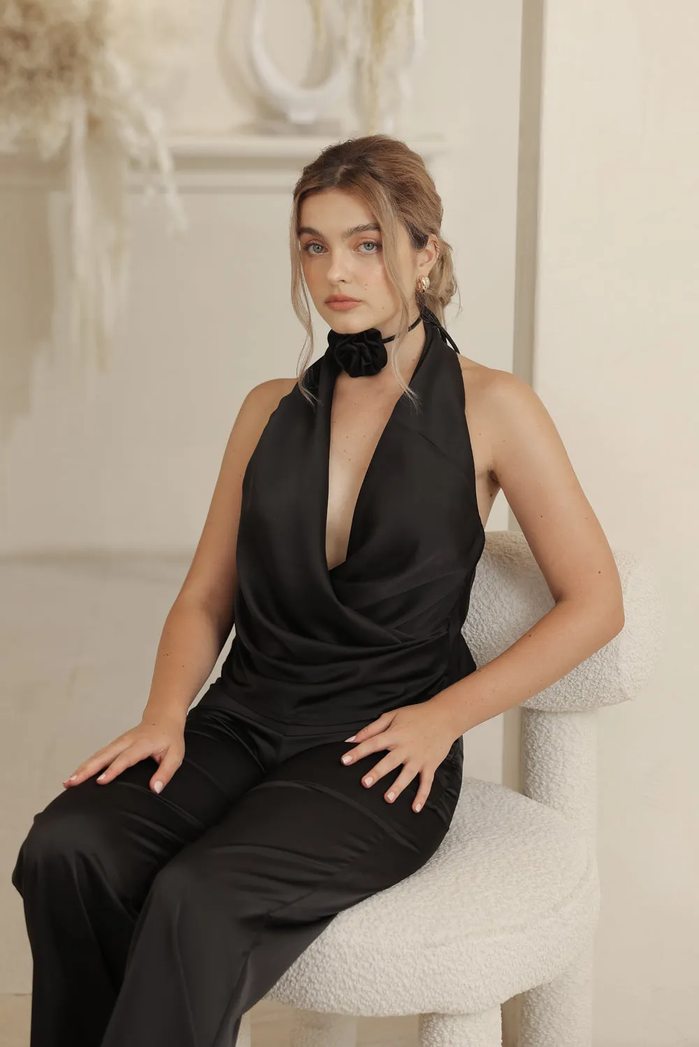 LEONIE TOP V Wrap Top with Detachable Floral Neckpiece (Black Silk Crepe)