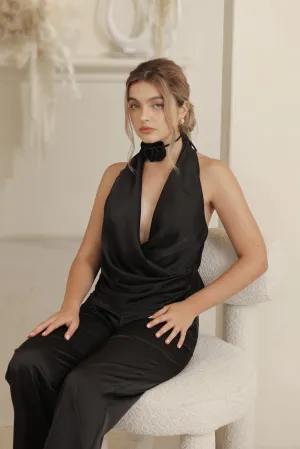LEONIE TOP V Wrap Top with Detachable Floral Neckpiece (Black Silk Crepe)