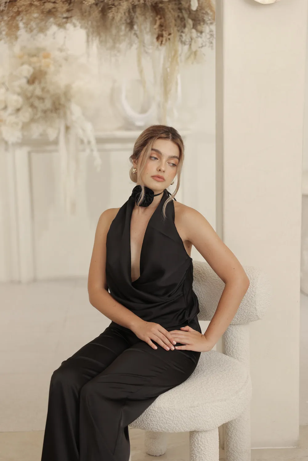 LEONIE TOP V Wrap Top with Detachable Floral Neckpiece (Black Silk Crepe)