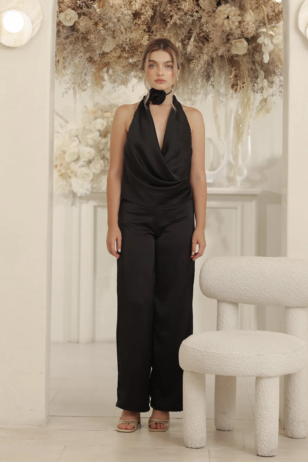 LEONIE TOP V Wrap Top with Detachable Floral Neckpiece (Black Silk Crepe)