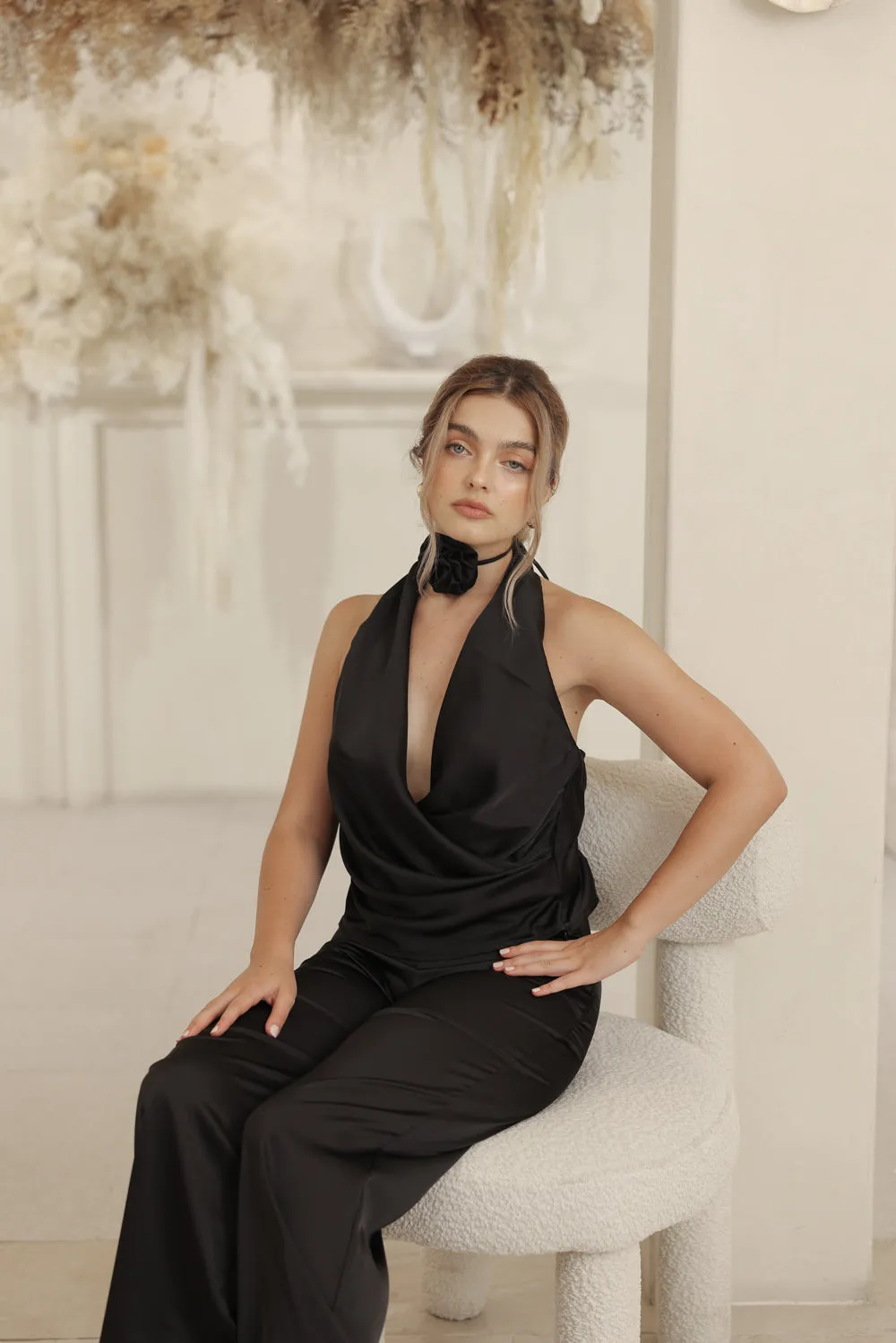 LEONIE TOP V Wrap Top with Detachable Floral Neckpiece (Black Silk Crepe)