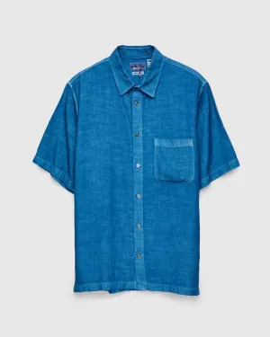 Linen Broad Cloth Short Sleeve Shirt in Pure Light Indigo