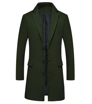 Lisskolo Men's Classic Wool Trench Overcoat Single Breasted Mid Long Wool Blend Top Pea Coats Jackets