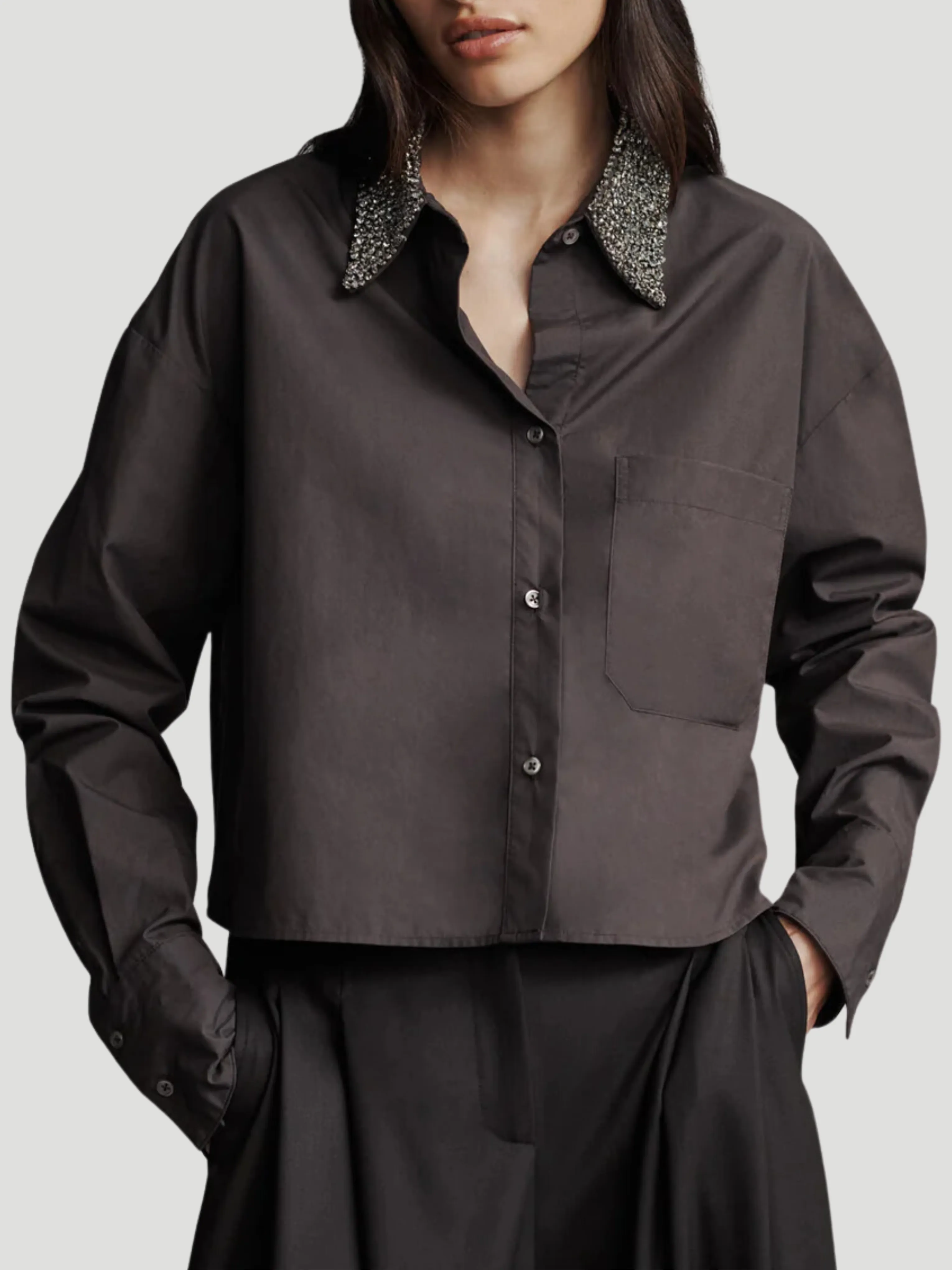 Little Big Joe Cotton Shirt with Crystal Collar in Fudge