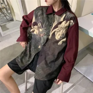 Long Sleeve Shirt with Nature Print and Classic Collar