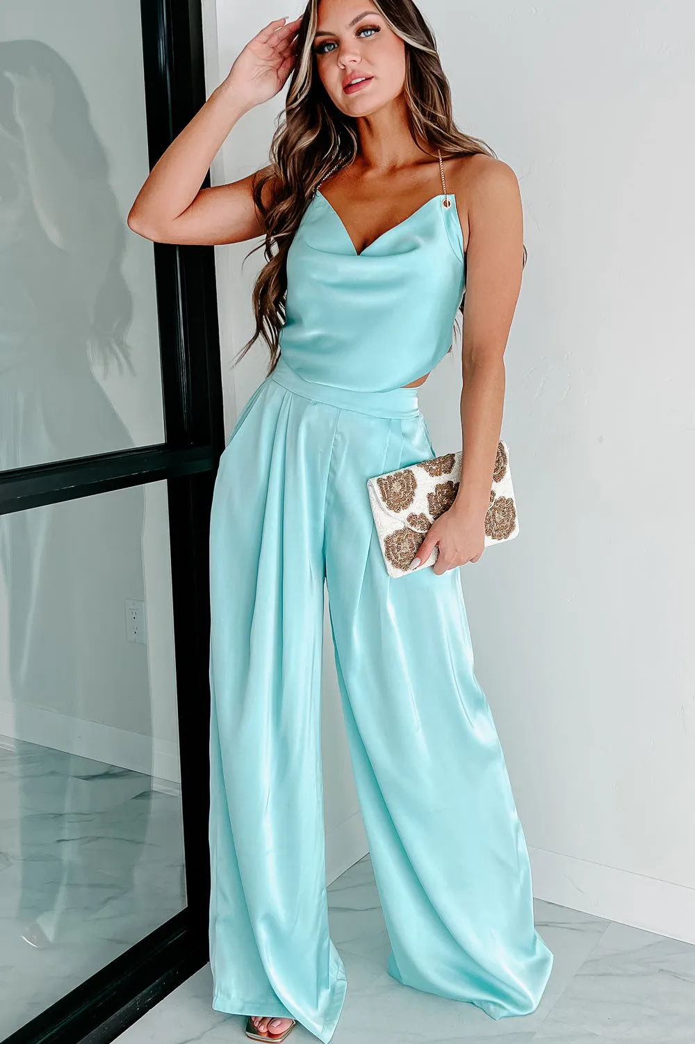 Memorable Meeting Satin Two-Piece Set (Mint Blue)