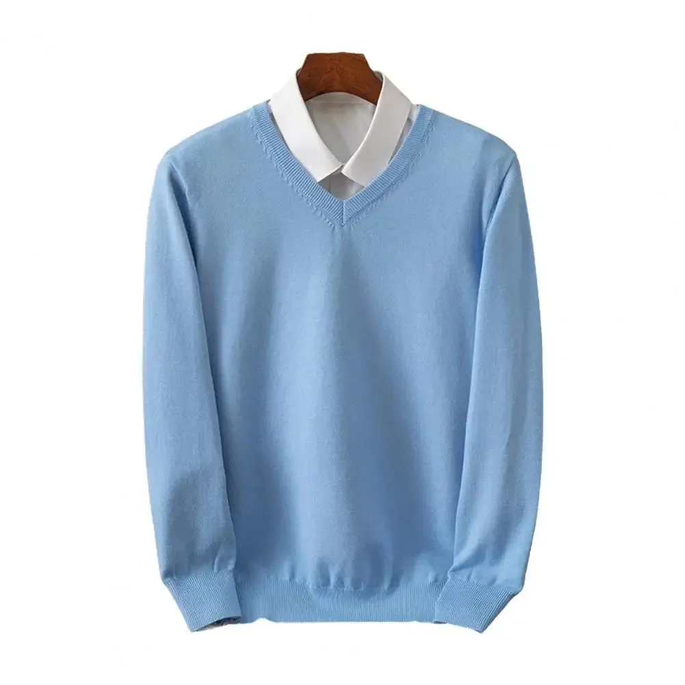 Men Base Layer Shirt Men's Fall Winter Sweater with Fake Two-piece Shirt Design Turn-down Collar V Neck Long Sleeves for Warmth