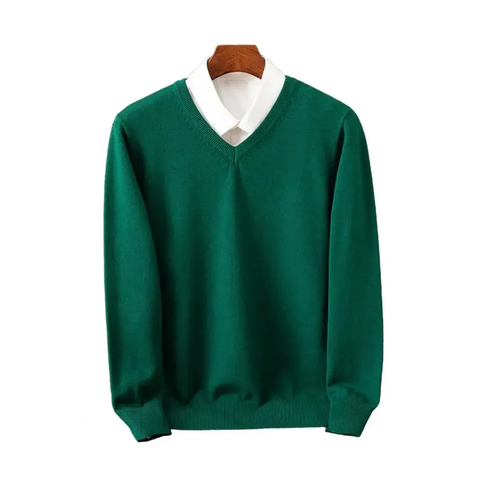 Men Base Layer Shirt Men's Fall Winter Sweater with Fake Two-piece Shirt Design Turn-down Collar V Neck Long Sleeves for Warmth
