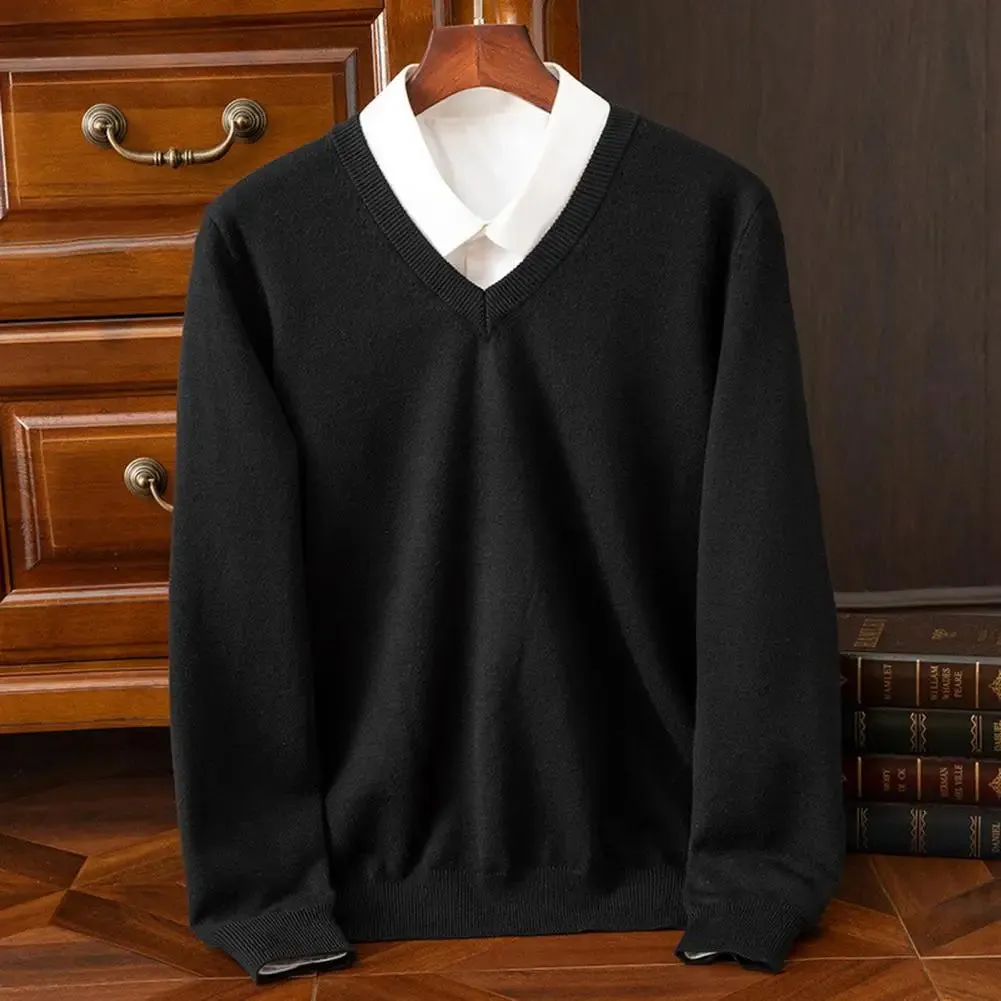 Men Base Layer Shirt Men's Fall Winter Sweater with Fake Two-piece Shirt Design Turn-down Collar V Neck Long Sleeves for Warmth