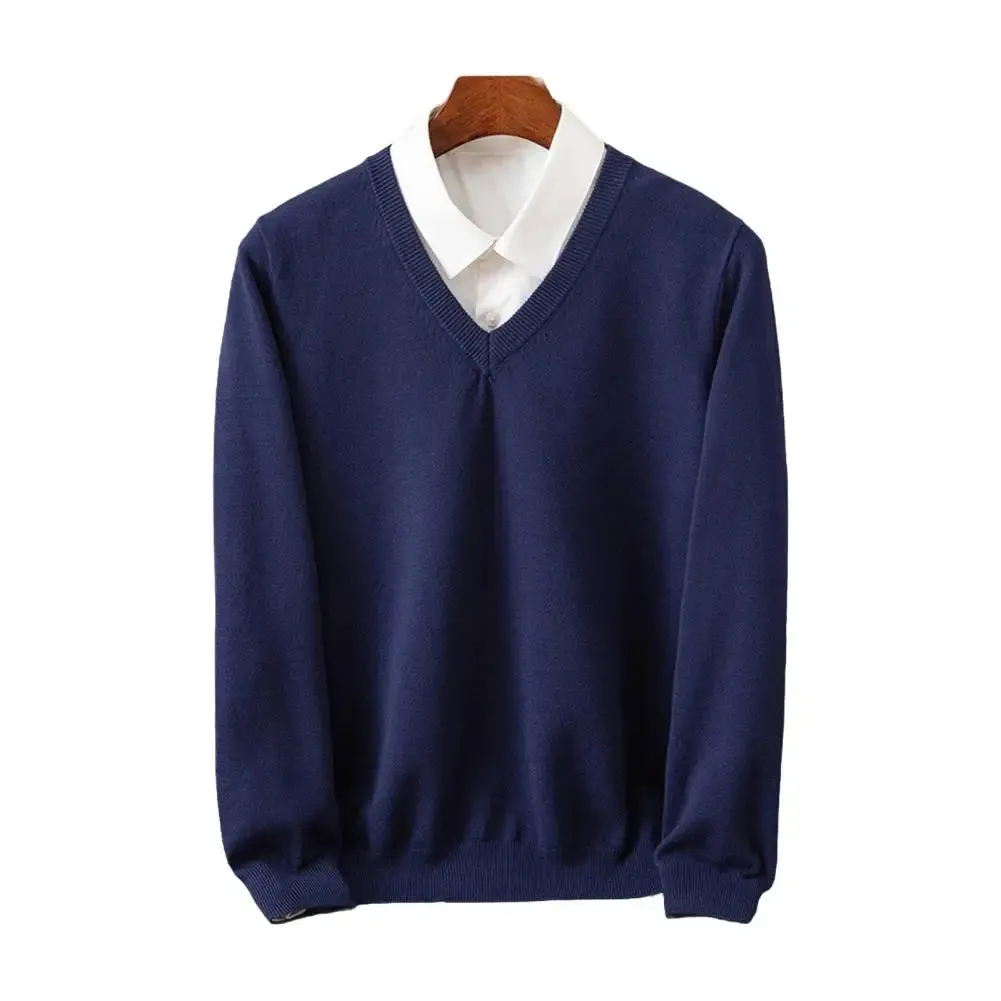 Men Base Layer Shirt Men's Fall Winter Sweater with Fake Two-piece Shirt Design Turn-down Collar V Neck Long Sleeves for Warmth