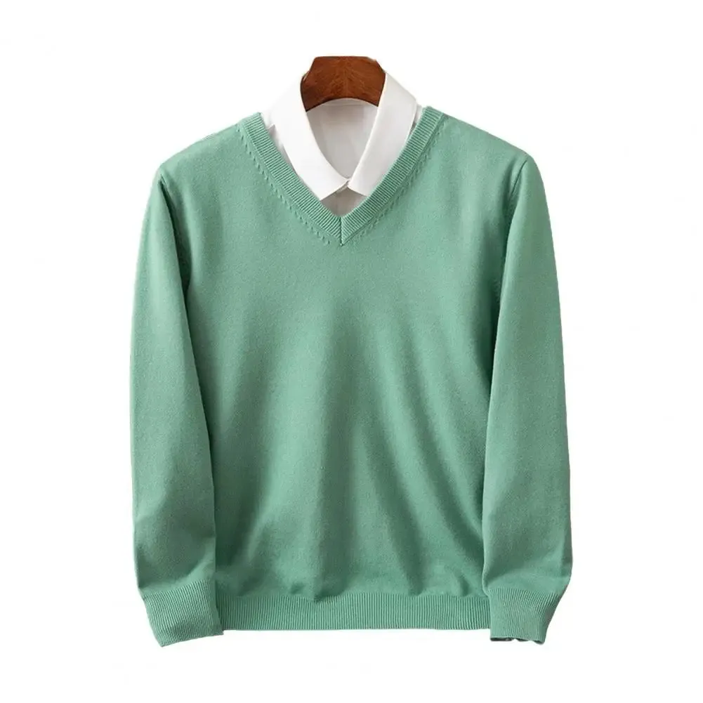 Men Base Layer Shirt Men's Fall Winter Sweater with Fake Two-piece Shirt Design Turn-down Collar V Neck Long Sleeves for Warmth
