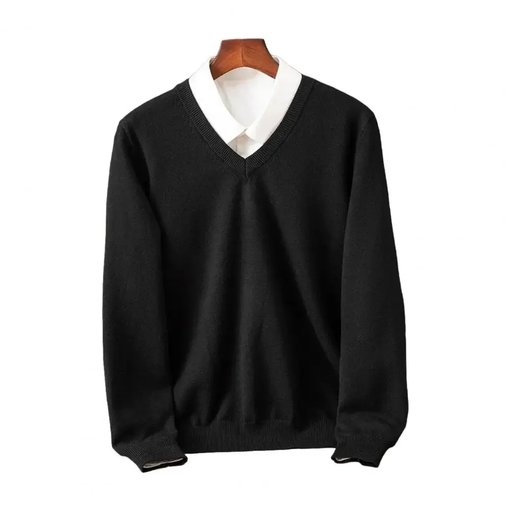 Men Base Layer Shirt Men's Fall Winter Sweater with Fake Two-piece Shirt Design Turn-down Collar V Neck Long Sleeves for Warmth