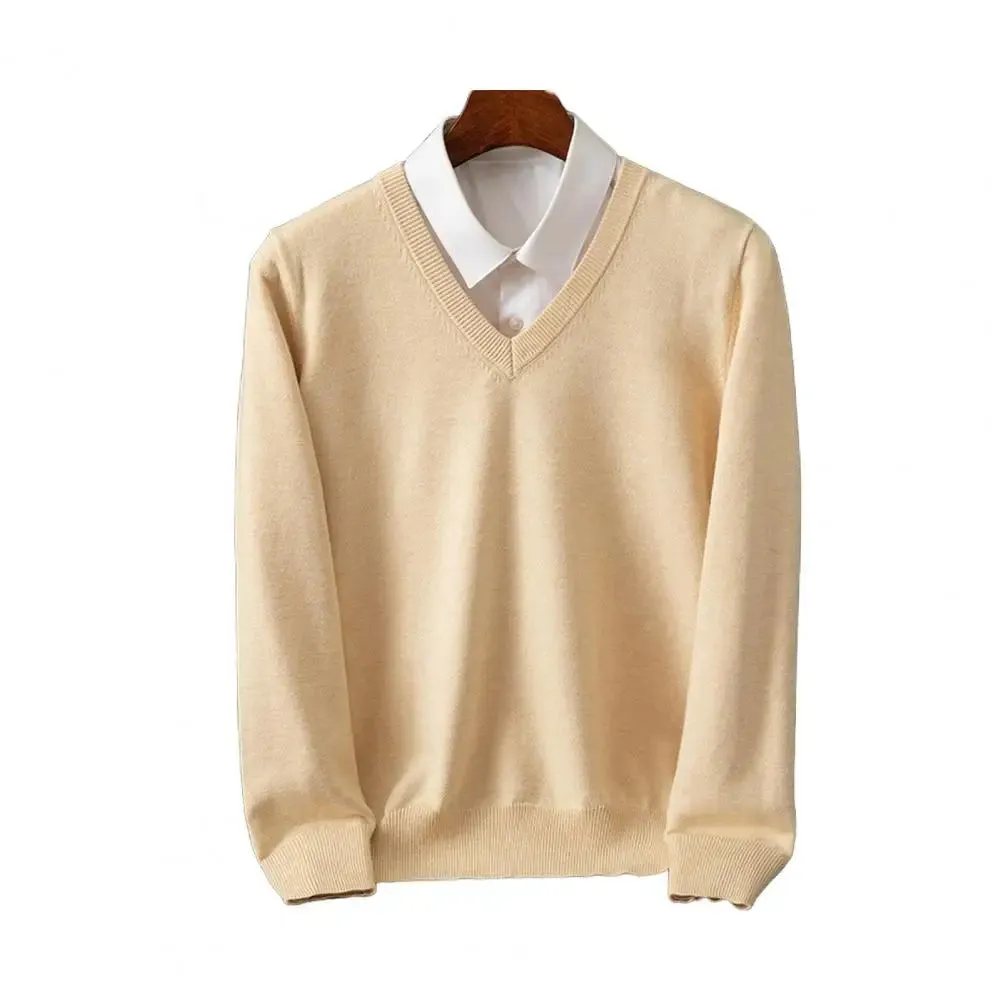 Men Base Layer Shirt Men's Fall Winter Sweater with Fake Two-piece Shirt Design Turn-down Collar V Neck Long Sleeves for Warmth