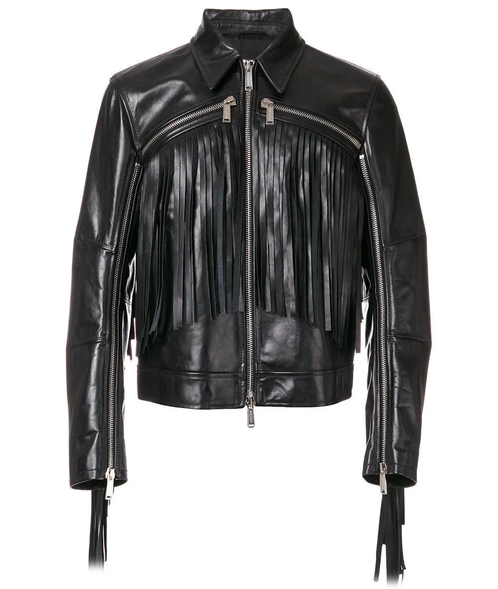 Men's Black Fringe Leather Biker Jacket - Trendy Fashion Outerwear