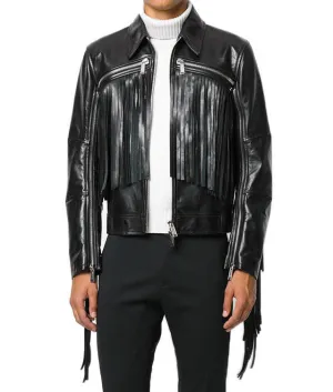 Men's Black Fringe Leather Biker Jacket - Trendy Fashion Outerwear