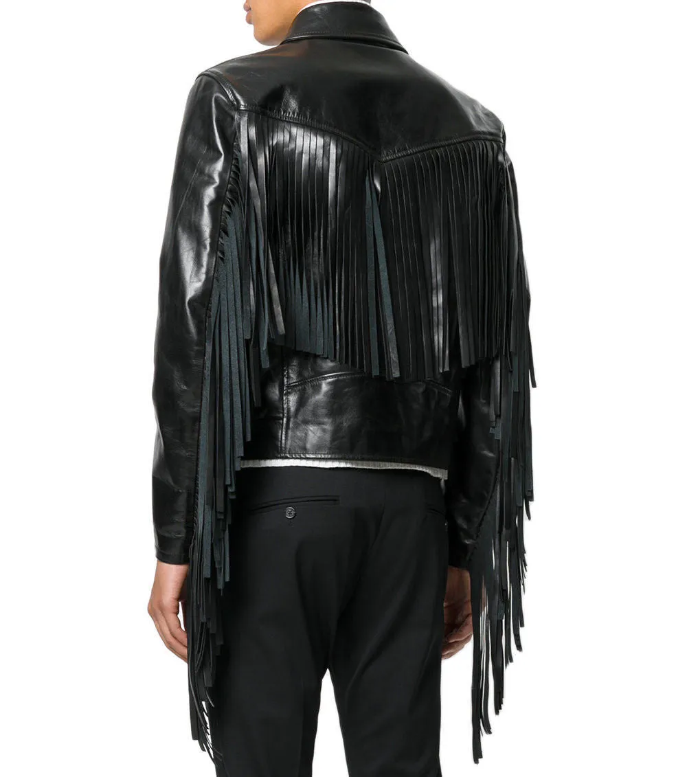 Men's Black Fringe Leather Biker Jacket - Trendy Fashion Outerwear
