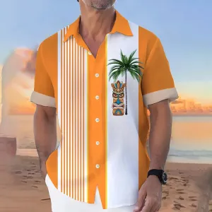 Men’s Bold Stripes & Tiki Coconut Trees Graphic Print Shirt
