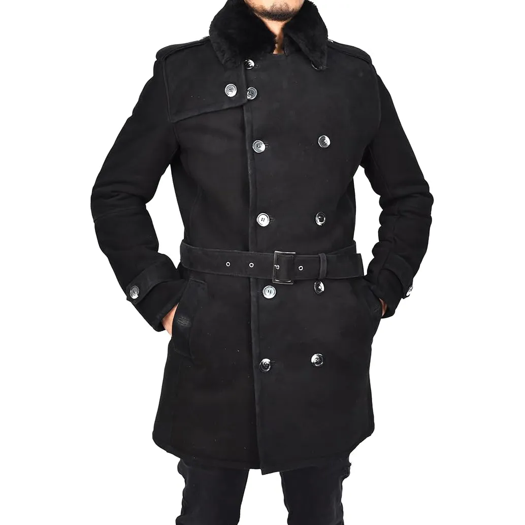 Mens Genuine Shearling Sheepskin Suede Pea Coat Classy ¾ Long Phillip Black