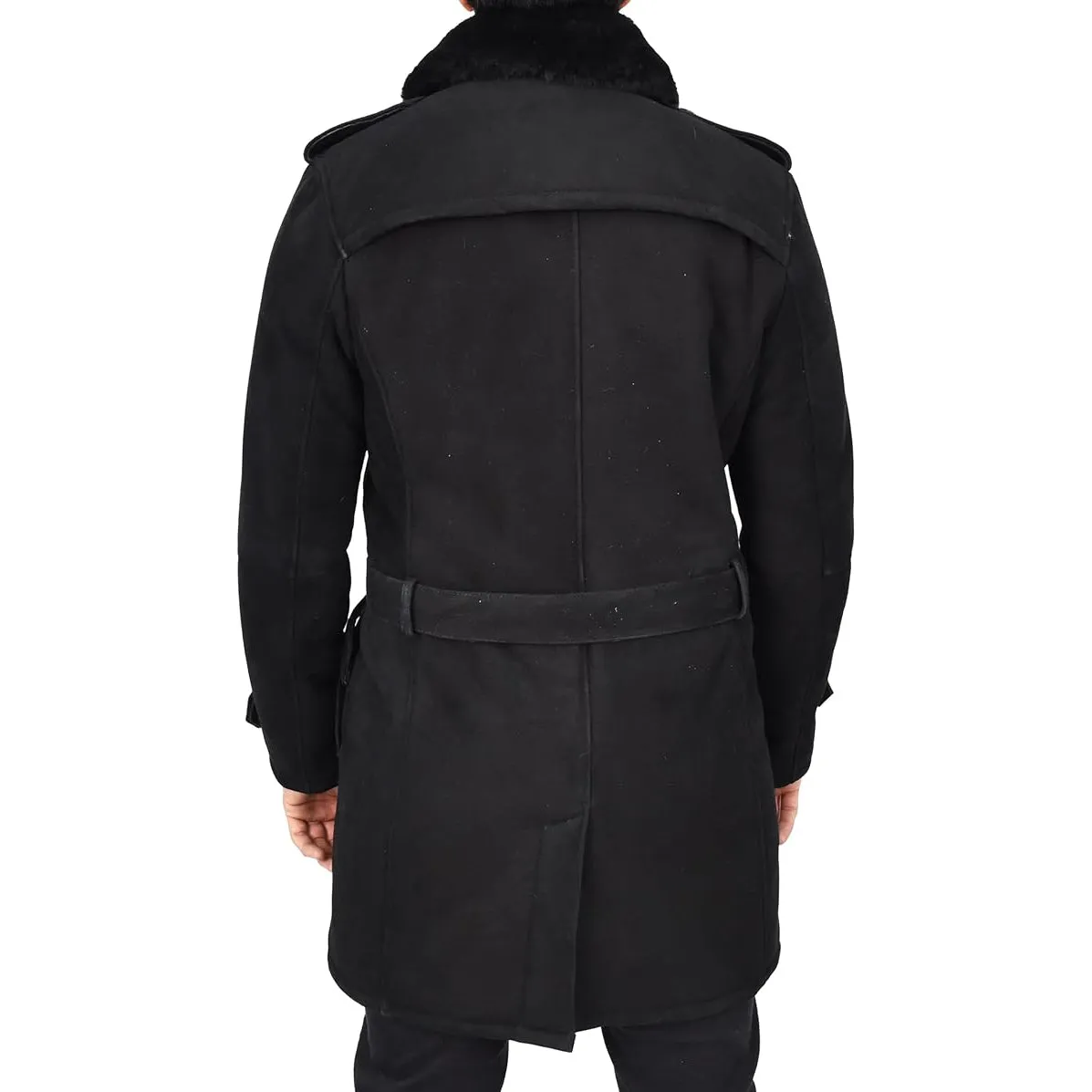 Mens Genuine Shearling Sheepskin Suede Pea Coat Classy ¾ Long Phillip Black