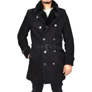 Mens Genuine Shearling Sheepskin Suede Pea Coat Classy ¾ Long Phillip Black