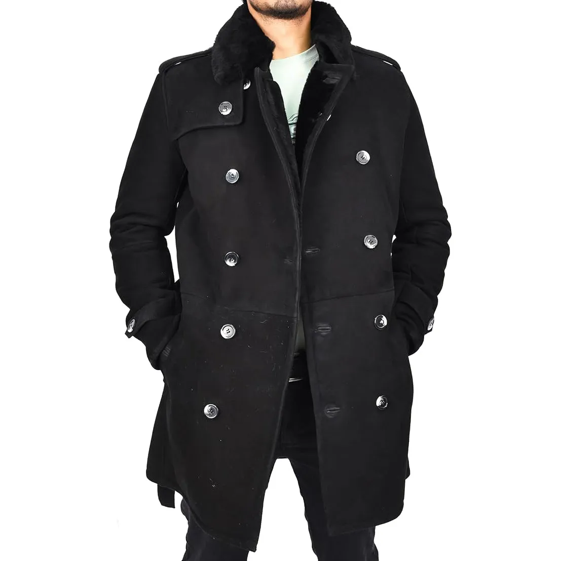 Mens Genuine Shearling Sheepskin Suede Pea Coat Classy ¾ Long Phillip Black