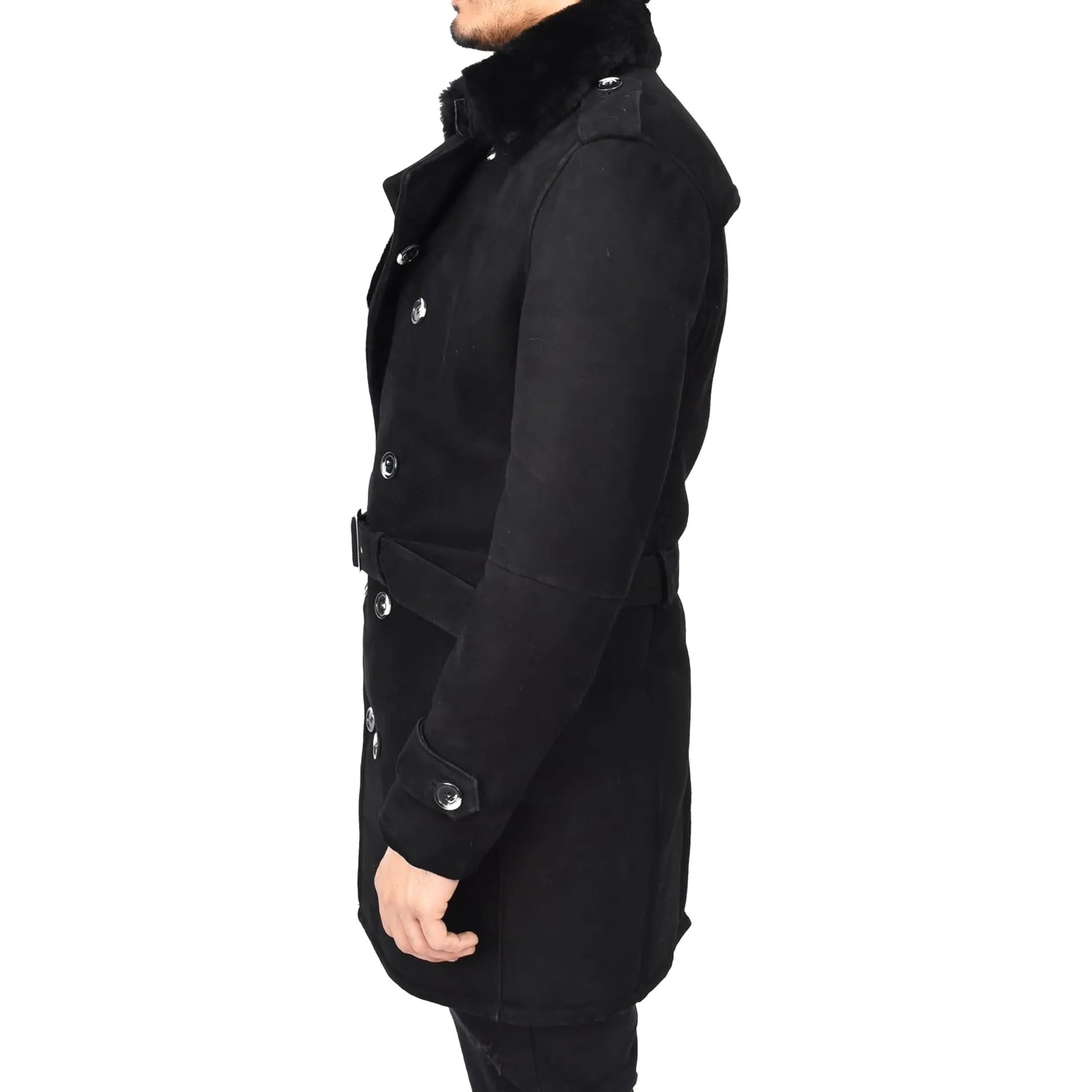 Mens Genuine Shearling Sheepskin Suede Pea Coat Classy ¾ Long Phillip Black