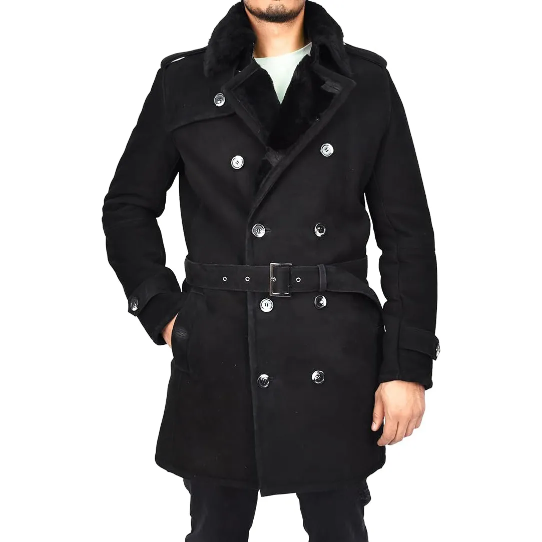 Mens Genuine Shearling Sheepskin Suede Pea Coat Classy ¾ Long Phillip Black