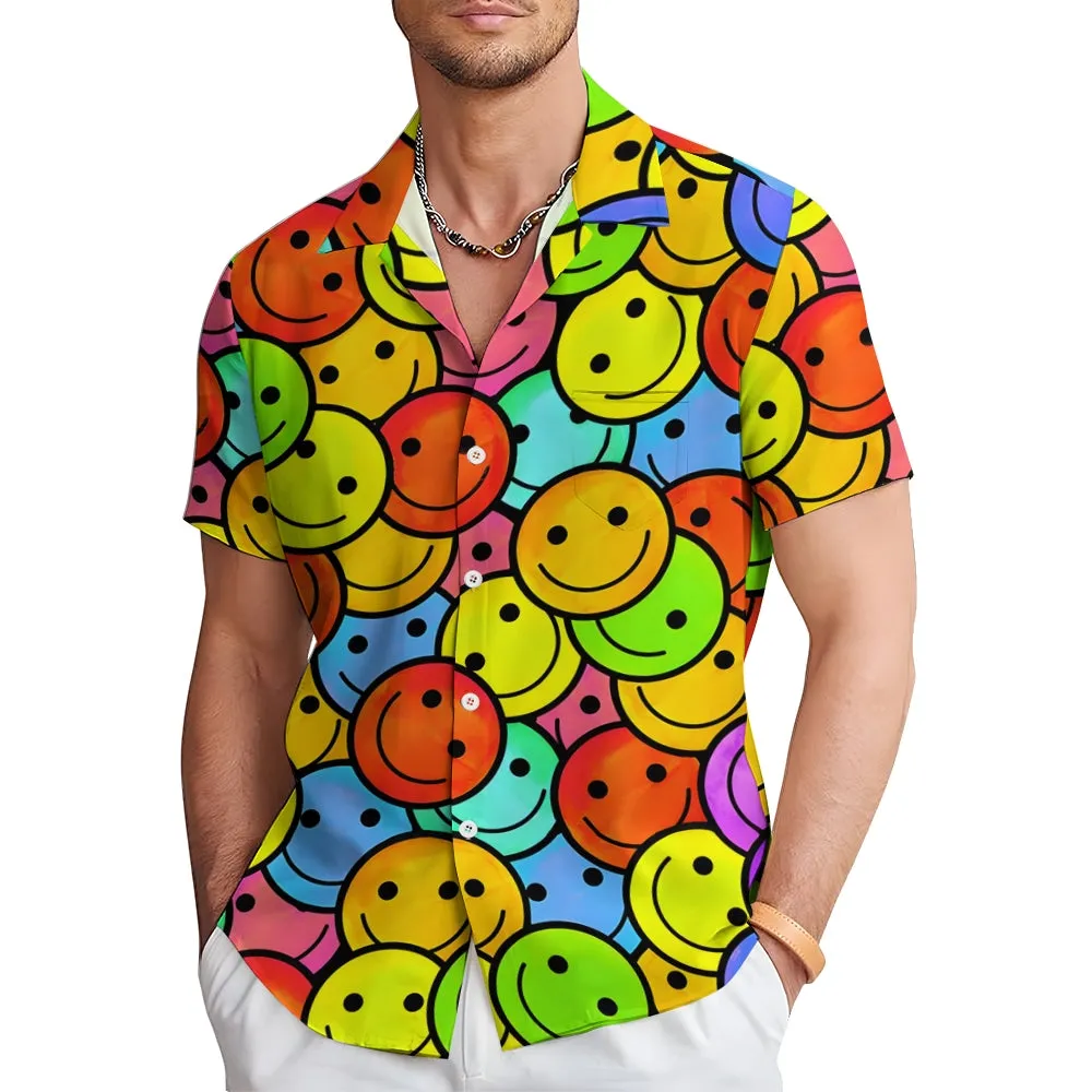 Men's Hawaiian Color Smile Emoticon Casual Short Sleeve Shirt 2402000120