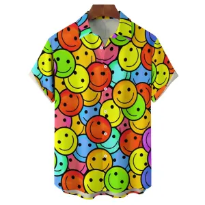 Men's Hawaiian Color Smile Emoticon Casual Short Sleeve Shirt 2402000120