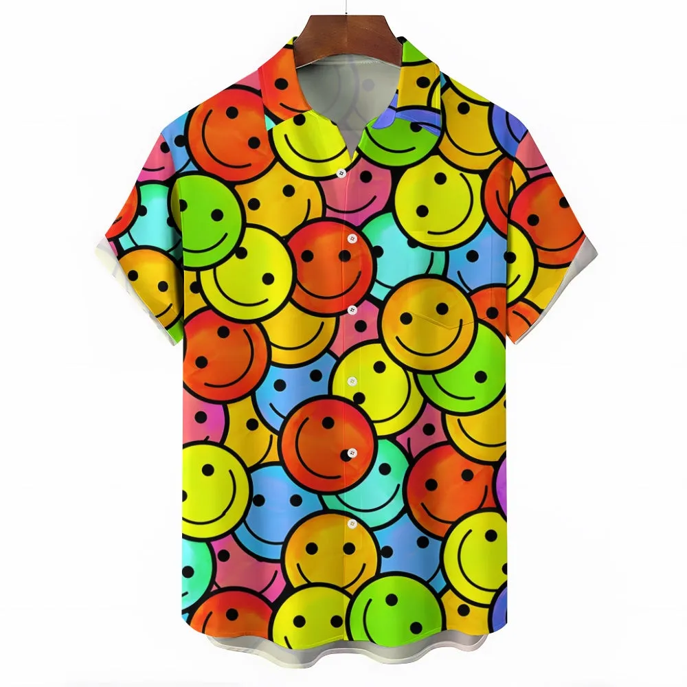 Men's Hawaiian Color Smile Emoticon Casual Short Sleeve Shirt 2402000120