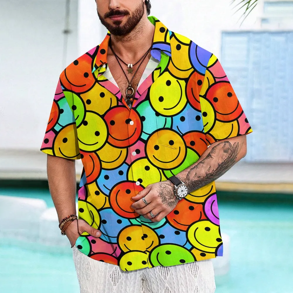 Men's Hawaiian Color Smile Emoticon Casual Short Sleeve Shirt 2402000120
