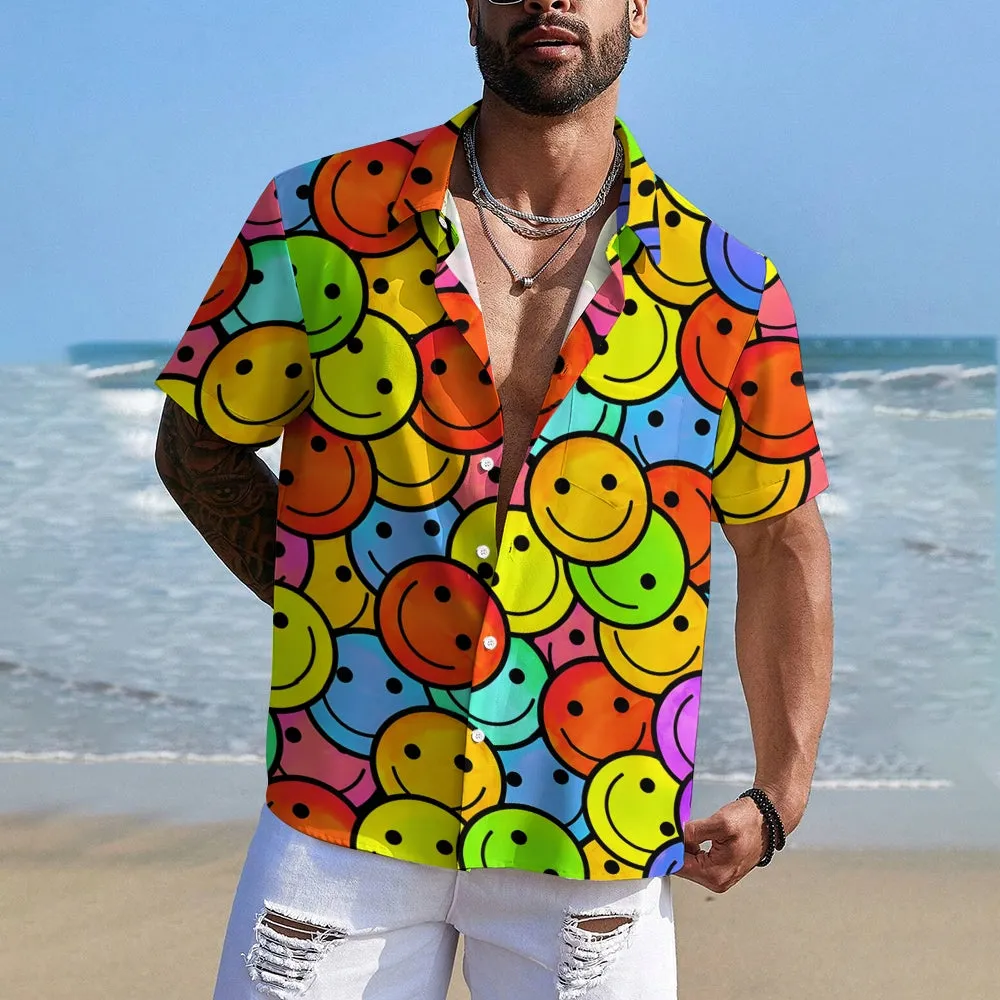 Men's Hawaiian Color Smile Emoticon Casual Short Sleeve Shirt 2402000120