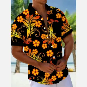 Men's Hawaiian Gold Floral 3D Digital Print Short Sleeve Shirt