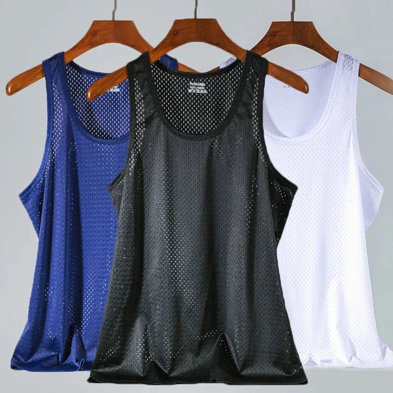 Mens Mesh Vest Ice Silk Quick-drying Bodybuilding Tank tops Fitness Muscle Sleeveless Narrow Vest Fitness Casual Sport Tops