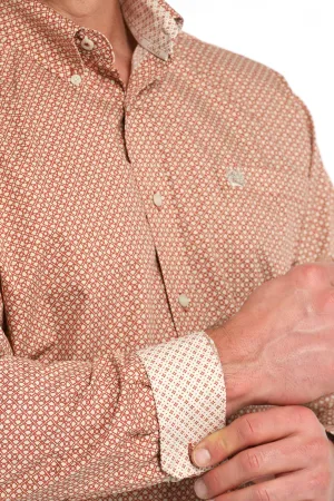 MENS ORANGE PRINT LONG SLEEVE BUTTON SHIRT