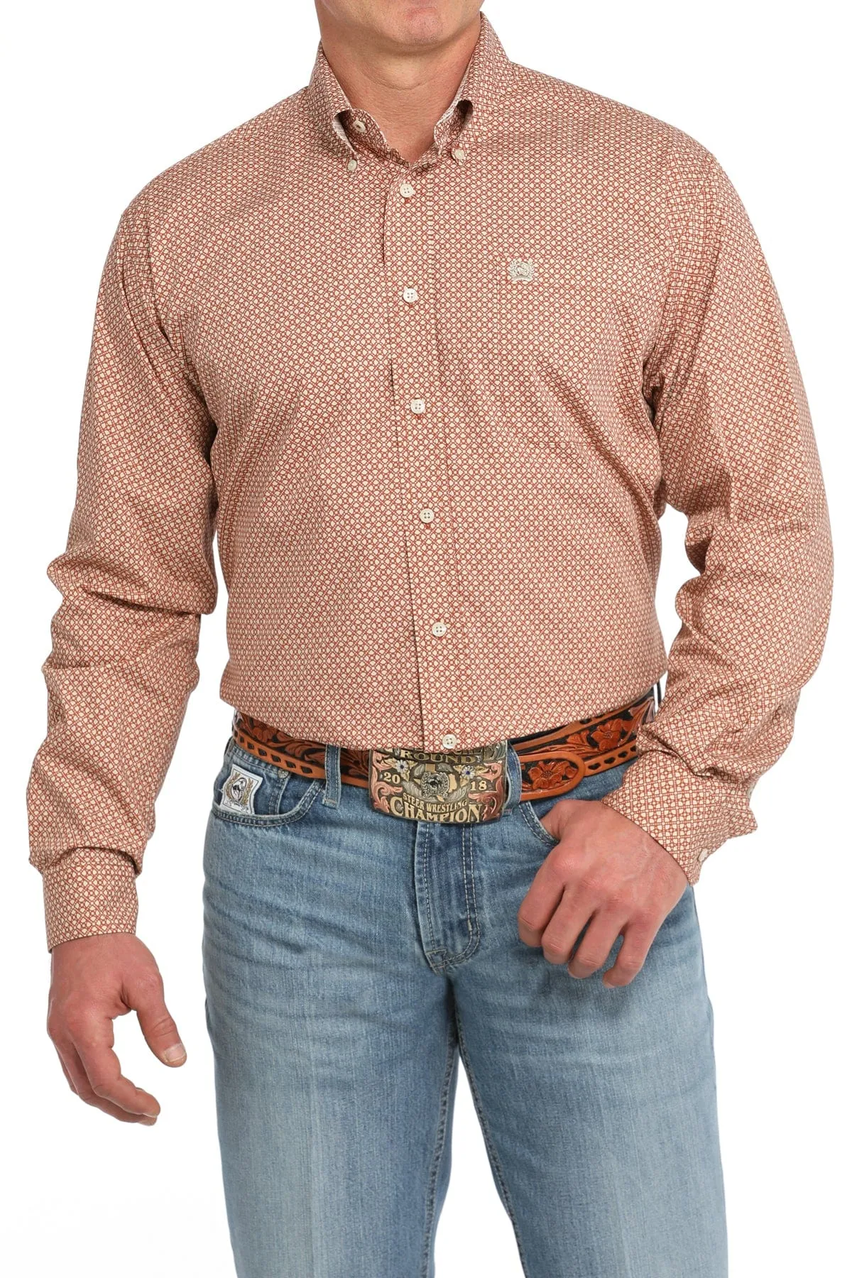 MENS ORANGE PRINT LONG SLEEVE BUTTON SHIRT