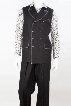 Mens Peak Lapel Double Breasted Denim Vest and Pant Set in Black