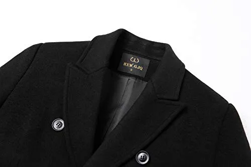 Men's Premium Wool Blend Double Breasted Long Pea Coat (Black, m)