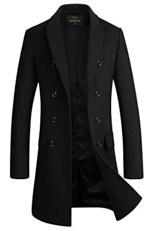 Men's Premium Wool Blend Double Breasted Long Pea Coat (Black, m)