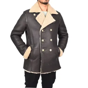 Men's Real Sheepskin Double Breasted WW1 WW2 Jacket Brown Gunner
