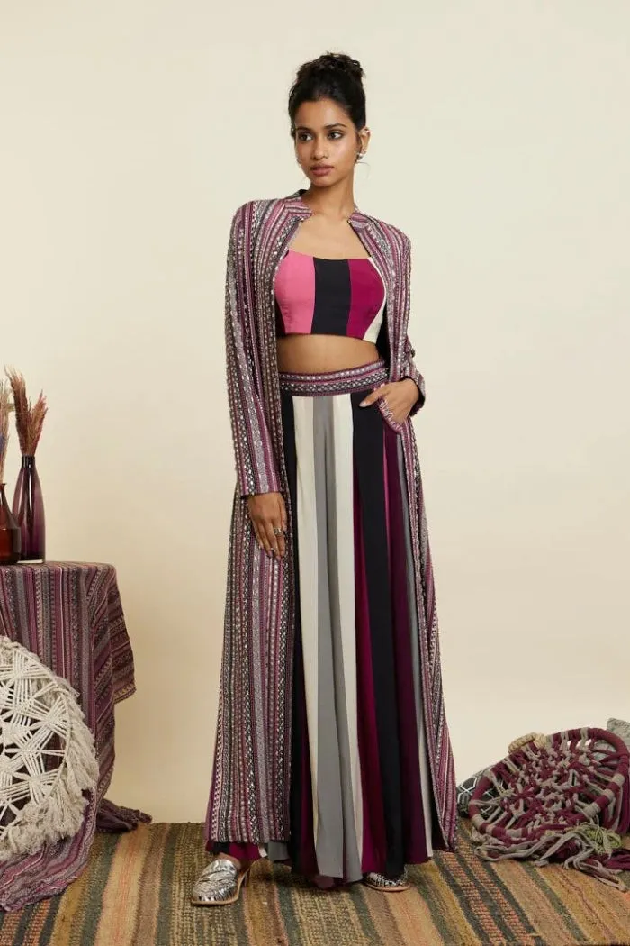 MERLOT BOHO STRIPE EMBELLISHED CAPE SET